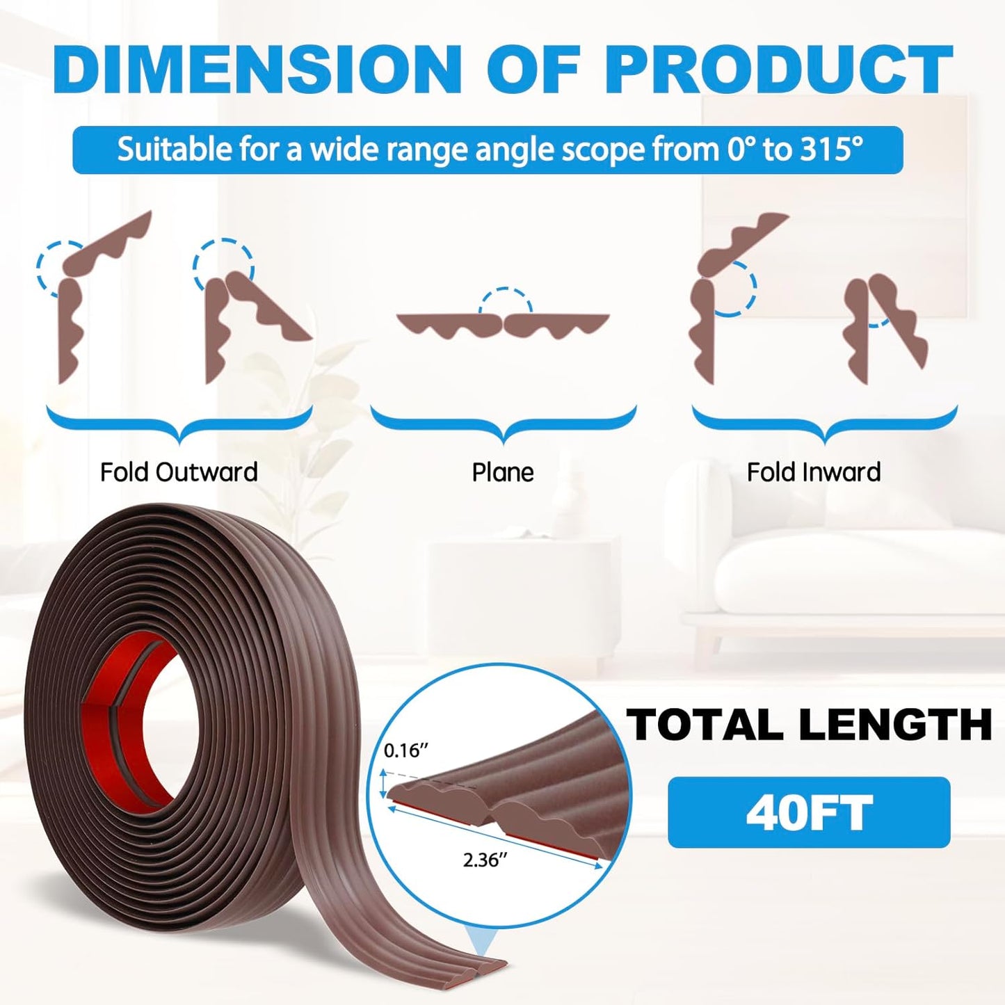 Wall Corner Protector Peel and Stick Corner Trim Molding Flexible Inside & Outside Wall Edge Guard Self Adhesive Moulding Trim for Edge Use, Brown, 2.3” W x 40’ L