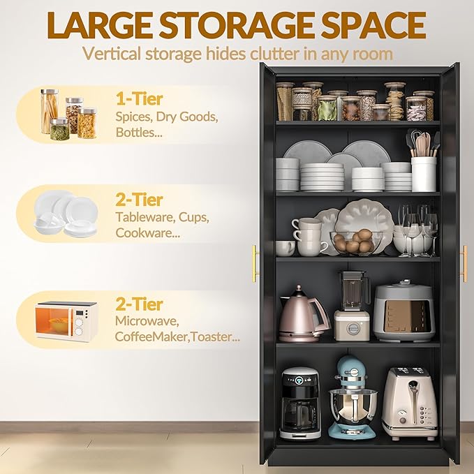 Kitchen Pantry Cabinet,71” Metal Tall Pantry Storage Cabinet with Doors and 4 Adjustable Shelves,Kitchen Storage Cabinets Black Freestanding Food Cabinet for Pantries, Kitchen, Livingroom, Dining Room