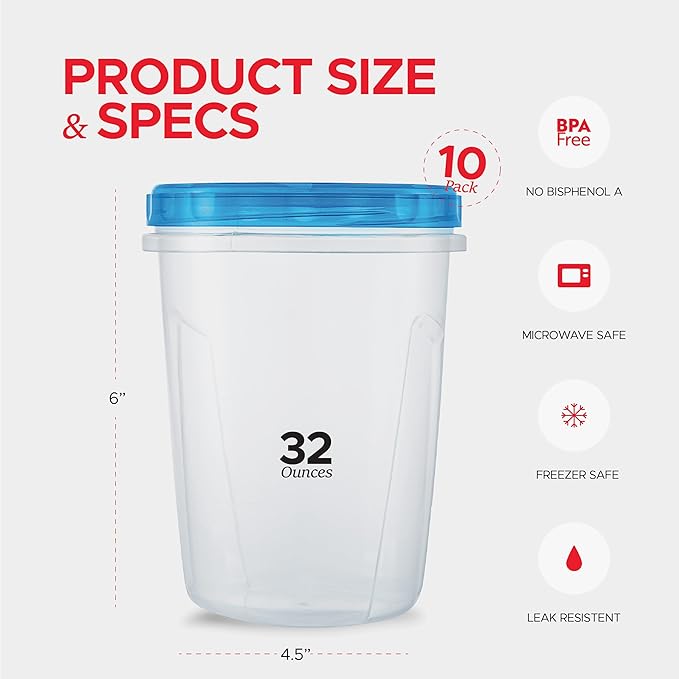 Tafura 10 Pack Leakproof Freezer Containers for Food with Twist Top Lids - 32 Oz BPA Free Reusable Plastic Soup Containers with Screw On Lids - Ideal for Meal Prep, Leftovers & Pantry Organization