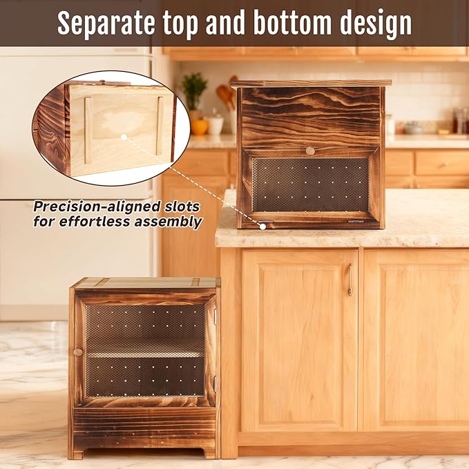 Large Potato and Onion Storage Bin - Wooden Stackable Bread Storage Box with Lid & Mesh Doors, Decorative Fruit and Vegetable Organization Cabinet for Kitchen, 15.75"W x 10.7"D x 33.5"H (Rustic Color)