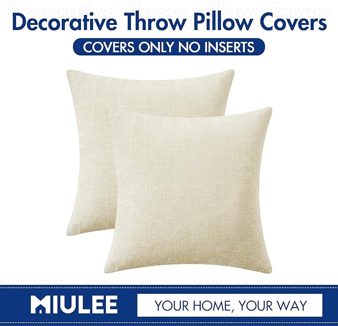 MIULEE Pack of 2 Cream Throw Pillow Covers 16x16 Inch Soft Chenille Pillow Covers for Sofa Living Room Spring Home Decor Couch Solid Dyed Cases