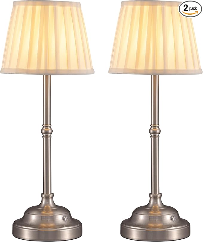 KDG Cordless LED Table Lamp Set of 2, Portables Fabric Shade Desk Lamps, 4000mAh Rechargeable Battery Powered Lighting, Dimmable Light for Dining Room, Bedroom, Bedside, Night Light, Balcony (Nickel)