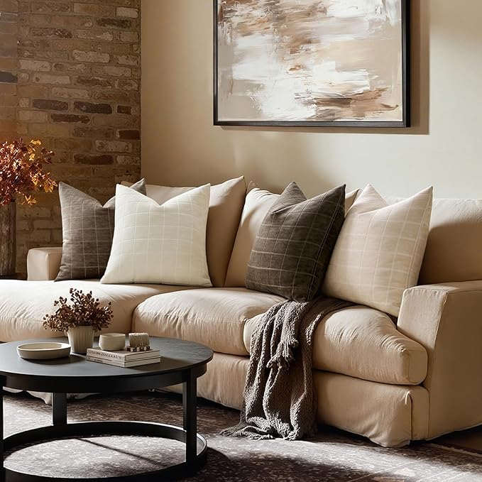 MIULEE Decorative Chenille Check Euro Shams Throw Pillow Covers Vintage Plaid Couch Pillows 24x24 Inch Set of 2 Neutral Boho Farmhouse Cushion Covers Modern Home Decor for Sofa Bed Living Room Brown