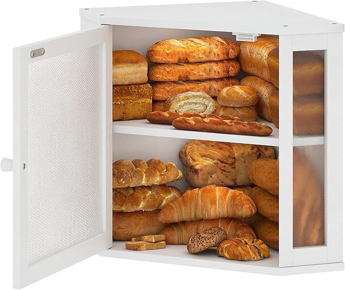 Corner Bread Box for Kitchen Countertop,Bread Storage for Homemade Bread, Double Layer Large Bamboo Kitchen Storage Bin with Window (White, Medium)