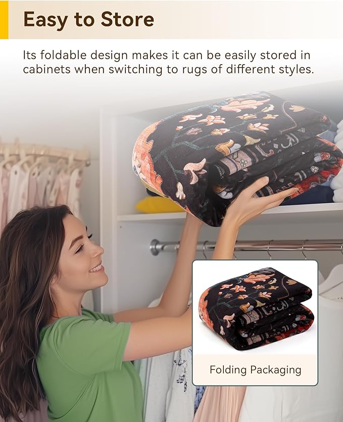 RELEANY Area Rugs 6'x9' Washable Non-Slip, Floral Vintage Distress Print Pattern Medallion Carpet for Living Room Bedroom Dining Room, Black Colorful Floral Dark Tan