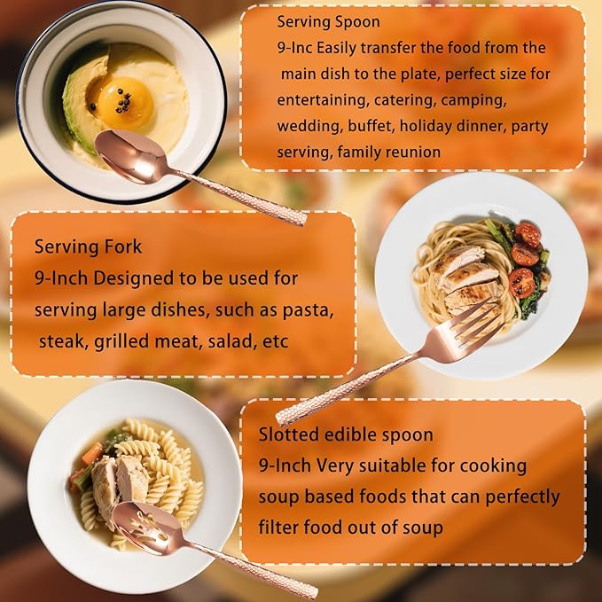 Large Hostess Serving Utensils Set, Stainless Steel Heavy Duty Hammered Serving spoons, Slotted Spoons, Serving Fork, Cake Server, Butter Knife, Dishwasher Safe（Rose Gold）