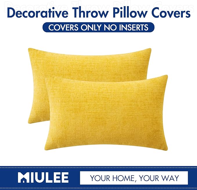 MIULEE Pack of 2 Couch Throw Pillow Covers 12x20 Inch Soft Yellow Chenille Pillow Covers for Sofa Living Room Spring Home Decor Couch Solid Dyed Cases