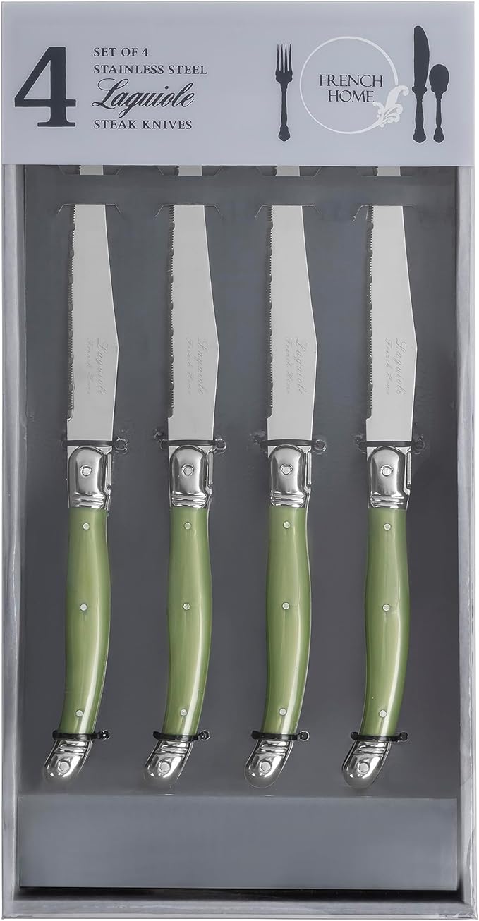 French Home Laguiole 4-Piece Steak Knife Set – Sophisticated Stainless Steel Dinner Knives with Spring Green Handles & Iconic Bee Emblem – Serrated Knives for Smooth Cutting (9.25")