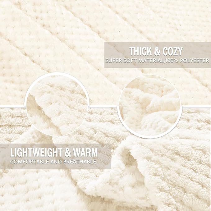 Exclusivo Mezcla Fleece Bed Blanket Twin Size, Super Soft and Warm Blankets for Couch, Sofa and Bed Waffle Textured, Cozy, Fuzzy and Lightweight (Ivory, 90x66 Inches)