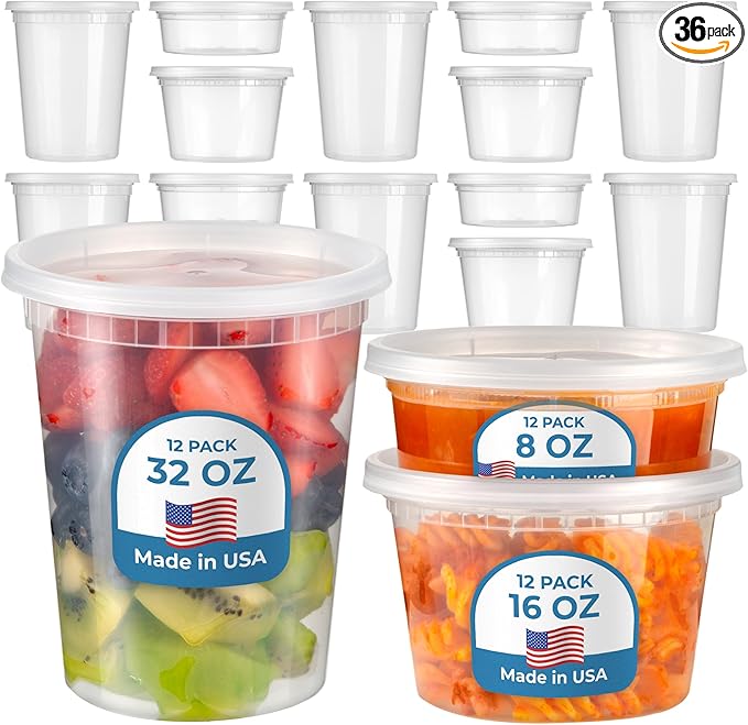 Fit Meal Prep 36 Pack 8 16 32 oz Deli Containers with Lids, US Made Leakproof Quart Containers with Lids, Clear Plastic Food Storage Container with Lid, Microwave Freezer Safe Meal Prep Container