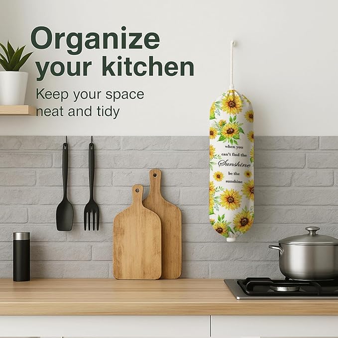 Sunflower Plastic Bag Holder, Inspirational Plastic Bag Holder for Kitchen Essentials, Floral Trash Sack Storage Dispenser for Home Decor, Kitchen Gifts to Women Family Friends Grandma Mom