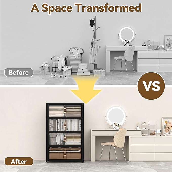 SAILUN 500QT Stackable Storage Bins with Lid, Collapsible Storage Bins With Doors and Wheels, Folding Plastic Cabinet Containers for Home Kitchen Closet Organization, 4 Pack