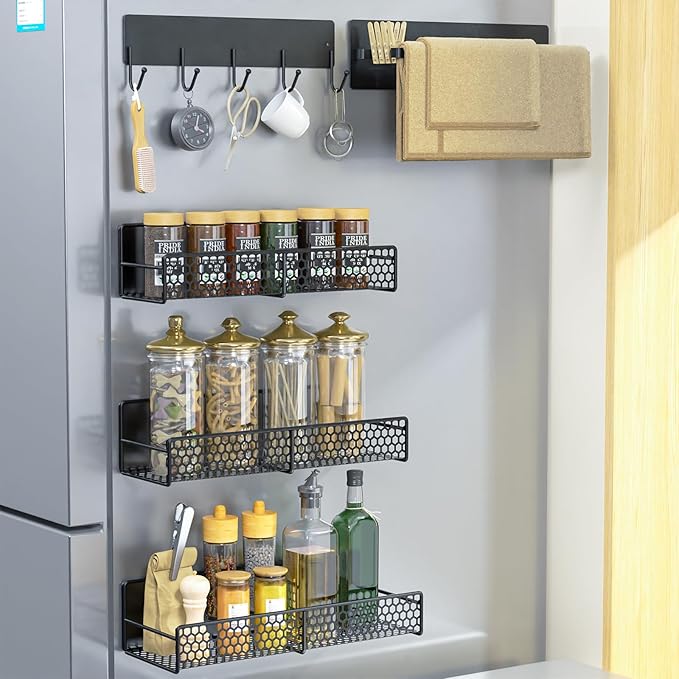 5-Pack Magnetic Shelves for Laundry Room Organization, Strong Hold Refrigerator & Washing Machine Shelves, Includes Spice Rack, Hanger Organizer Stacker & Utensil Hooks, No Drill Installation