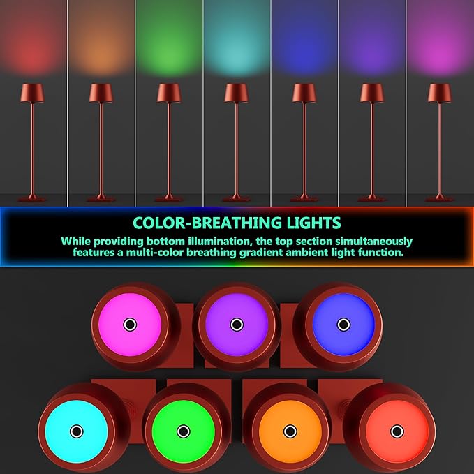 Timjorman Compact Cordless Table Lamp, Rechargeable LED Night Light, Dual Light Source (RGB Top & Warm Bottom), Touch Control & Timer, Metal Lamp for Bedroom & Kids Room (Red 1-Pack)