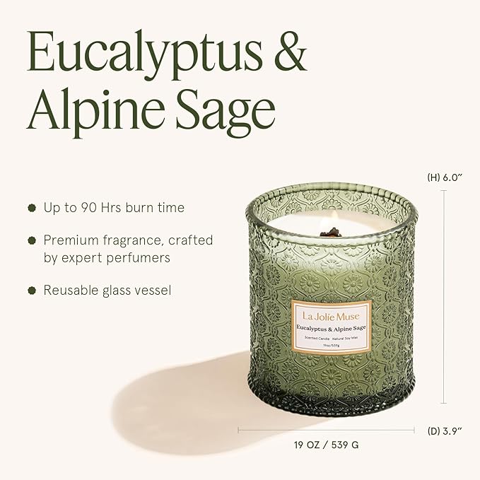 LA JOLIE MUSE Eucalyptus & Alpine Sage | Eucalyptus, Lavender & Sage Candle for Home Cleansing | 19 oz Wooden Wick | Natural Soy Wax | 90 Hours Burn | Candle for Relaxation
