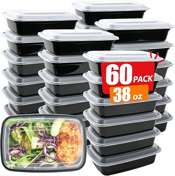 EASYTRIP 60 Pack Meal Prep Containers, 38 oz Food Storage with Lids, Stackable Reusable Bento Boxes, BPA-free, Microwave Dishwasher Freezer Safe