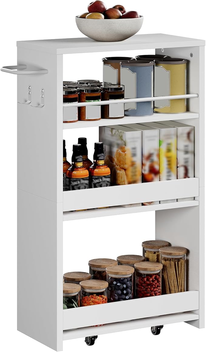 ChooChoo 4-Tier Slim Storage Cart with Handle, 7.87" W Rolling Utility Cart on Universal Wheels, Kitchen Cart Mobile Shelving Organization for Laundry Room, Bathroom & Narrow Places, White