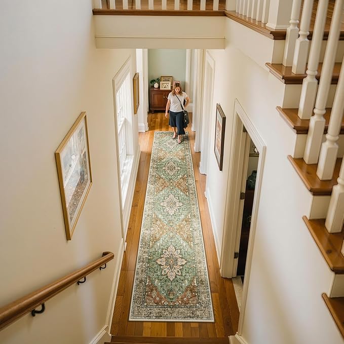 RELEANY Area Rugs 2'x10' Runner Rug Non Slip Washable for Kitchen Hallway Bedroom Beside Laundry Room Bathroom Rug, Floor Carpet, Brick Red Rust Neutral Brown Burnt Orange Green