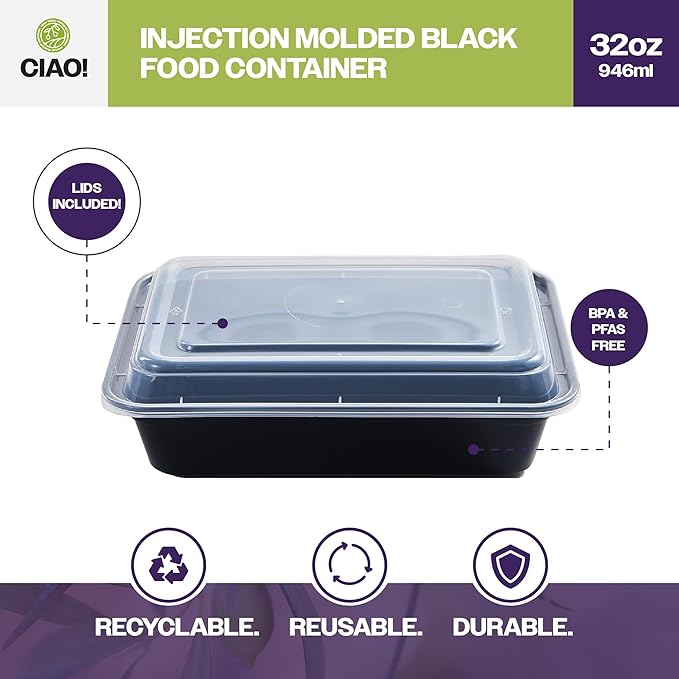 CIAO! Heavy Weight 32oz Injection Molded Microwavable Black Rectangular Food Container with Lid (150/case)