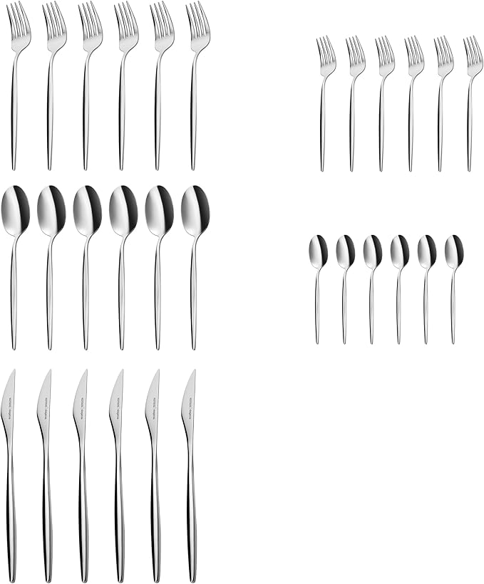 Karaca Lizbon 30-Piece Stainless Steel Cutlery Set for 6 People, 18/10 Stainless Steel, Heat Resistant, Corrosion Resistant, 3mm Thick, Silver
