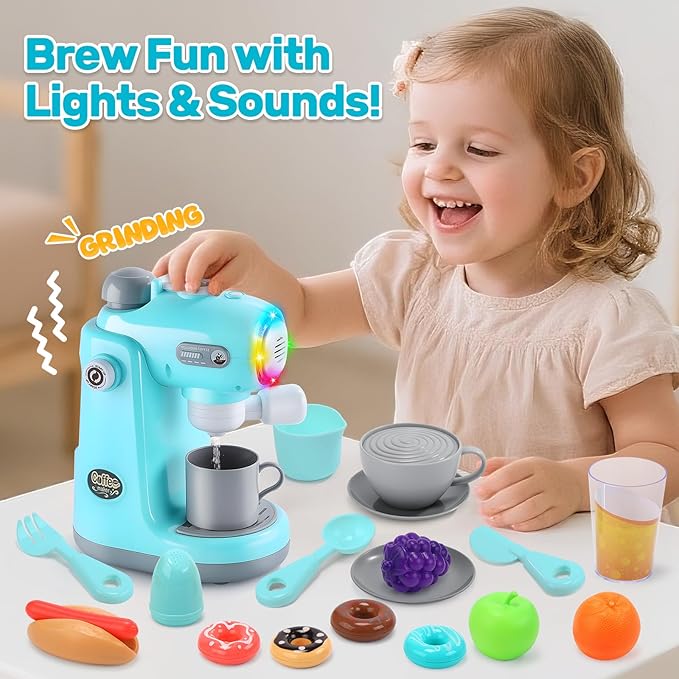 CUTE STONE Kids Kitchen Playset, Toy Kitchen Appliance Sets with Working Coffee Maker, Blender & Toaster, Realistic Sounds & Light, Includes Kids Kitchen Accessories & Play Food for Boys & Girls