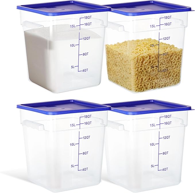 4 Pack Food Storage Containers, 18 Quart with Lids, Square Commercial Containers with Scale, Clear NSF Food Organizing, Polycarbonate