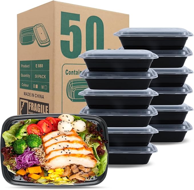 28oz meal prep containers with lids, 50 Pack (100-Piece),BPA-Free, Food Safe & Leakproof Reusable Plastic Food Storage – Microwave Safe, Stackable Takeout Boxes