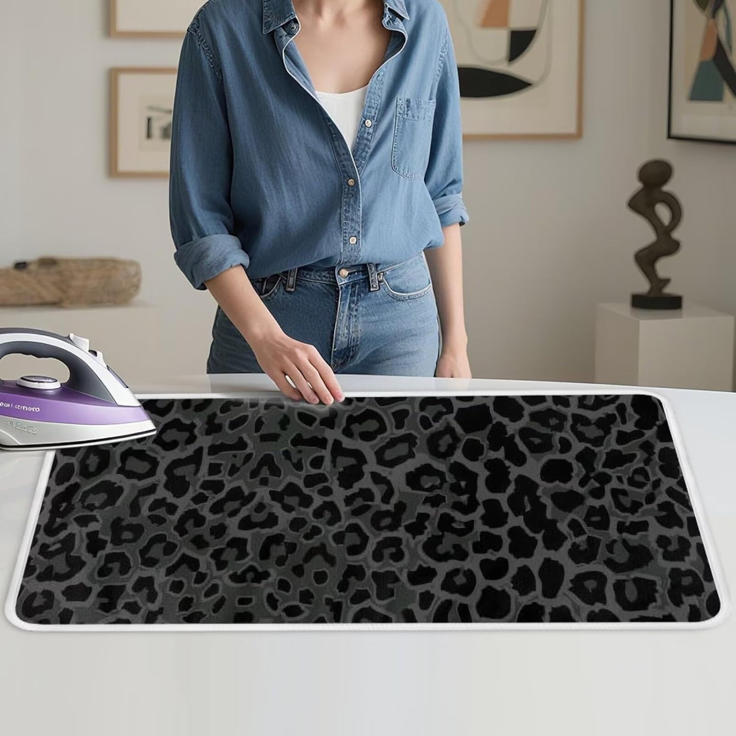 Black Ironing Mat Portable Leopard Print Ironing Pad for Steam Pressing on Tabletop or Bed,Heat Resistant Portable Quilting & Travel Blanket Ironing Board Alternative Cover