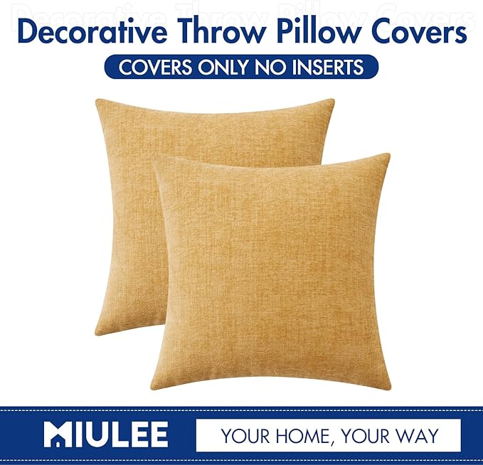 MIULEE Pack of 2 Couch Throw Pillow Covers 18x18 Inch Soft Gold Chenille Pillow Covers for Sofa Living Room Spring Home Decor Couch Solid Dyed Cases