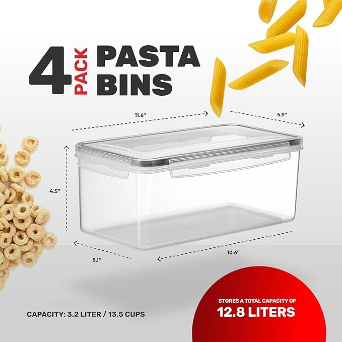 Large Airtight Food Storage Containers with Lids Set of 4 3.2L - 102 fl. oz Pasta storage Containers, BPA Free Plastic Spaghetti container - Air Tight Canisters for Kitchen Pantry Organization