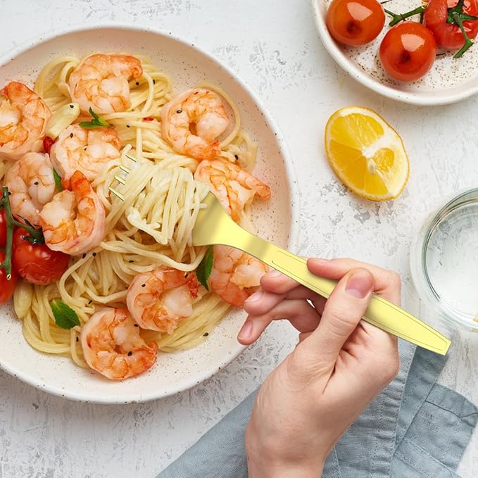 300 Count Extra Heavy Duty Gold Plastic Silverware, 100 Forks, 100 Spoons, 100 Knives, BPA-Free, Heat Resistant, Disposable Plastic Utensils Set, Plastic Cutlery Set, Plasticware Bulk