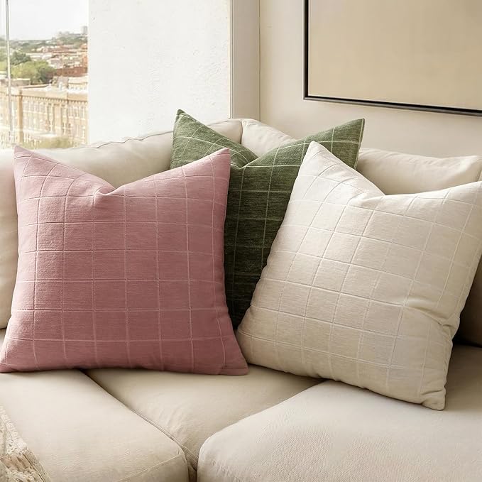 MIULEE Valentines Decorative Chenille Throw Pillow Covers Vintage Plaid Couch Pillows 20x20 Inch Set of 2 Boho Farmhouse Cushion Covers Modern Spring Home Decor for Sofa Bed Living Room Blush Pink