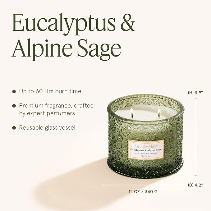 LA JOLIE MUSE Eucalyptus & Apline Sage Scented Candle | Eucalyptus, Sage, Lavender | 12 oz Double Cotton Wick Soy Candle | 60 Hours Clean Burn | Daily Relaxation & Cozy Ambiance | Elegant Home Decor