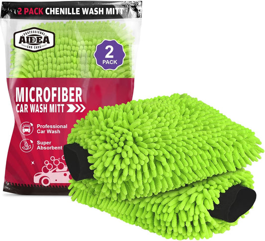 AIDEA Car Wash Mitt Microfiber, 2PK-Scratch-Free& Lint-Free, Premium Chenille Microfiber Wash Mitt-Green Extra Large Size (8''X12'')
