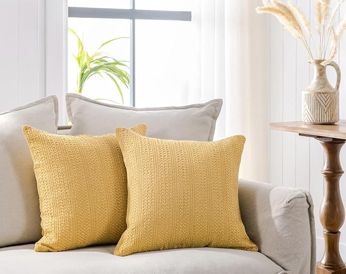 COCOPLOCEUS 18x18 Throw Pillow Covers Set of 2 Boho Decorative Pillow Shams Stone Washed Cotton Pillowcase Waffle Square for Couch Sofa Chair Bed Car, Yellow