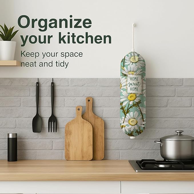 Daisy Plastic Bag Holder, Home Sweet Home Plastic Bag Holder, Bags Holders for Plastics Bags Groceries Store, Floral Reusable Grocery Sack Storage Dispenser for Kitchen Decor