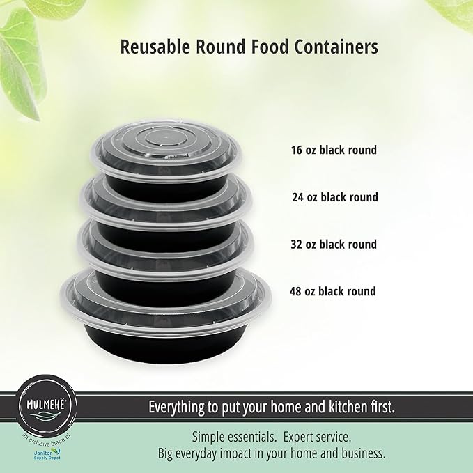 MULMEHË Plastic Food Storage Take-Out Container and Lid Combo, 48 oz, Microwaveable, Round, Black, 9x2.3”, Set of 150