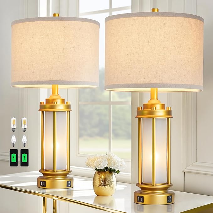 AIEAMPDO Set of 2 Modern Table Lamps for Living Room, Farmhouse Vintage Bedside Lamp with 2 USB Ports Glass Nightlight, Gold Nightstand Desk Lamps for Entryway Bedroom Dresser, 4 Bulbs Included