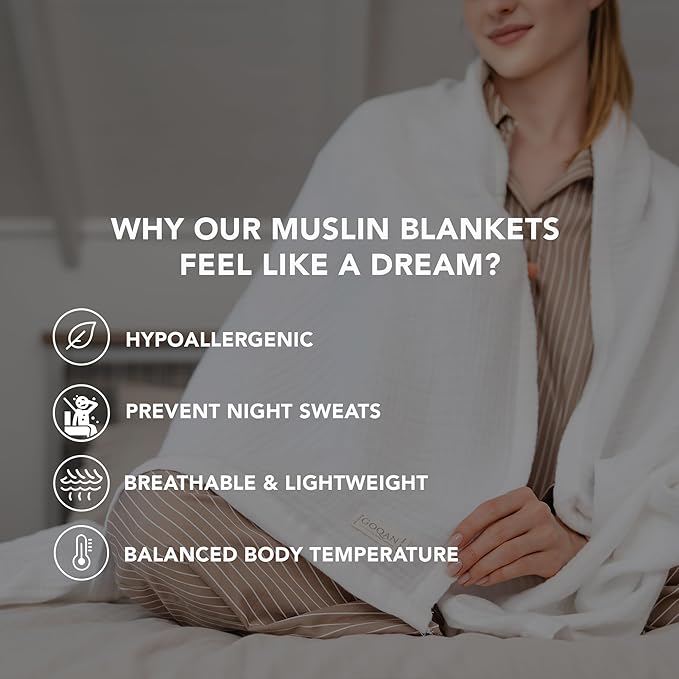 Goqan Muslin Throw Blanket 55x60 – 100% Turkish Cotton 4 Layer Boho Muslin Blanket for Adults, Four Season Blanket Lightweight and Thin, Soft, Breathable for Bed, Couch, Picnic - White