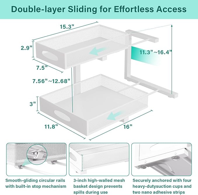 Under Sink Organizer, Extra-Wide Upgrade, 1 Pack 2 Tier Metal Slide Out Cabinet Organizer, Height Adjustable Organization and Storage Series, Bathroom/Cabinet/Kitchen organization, White