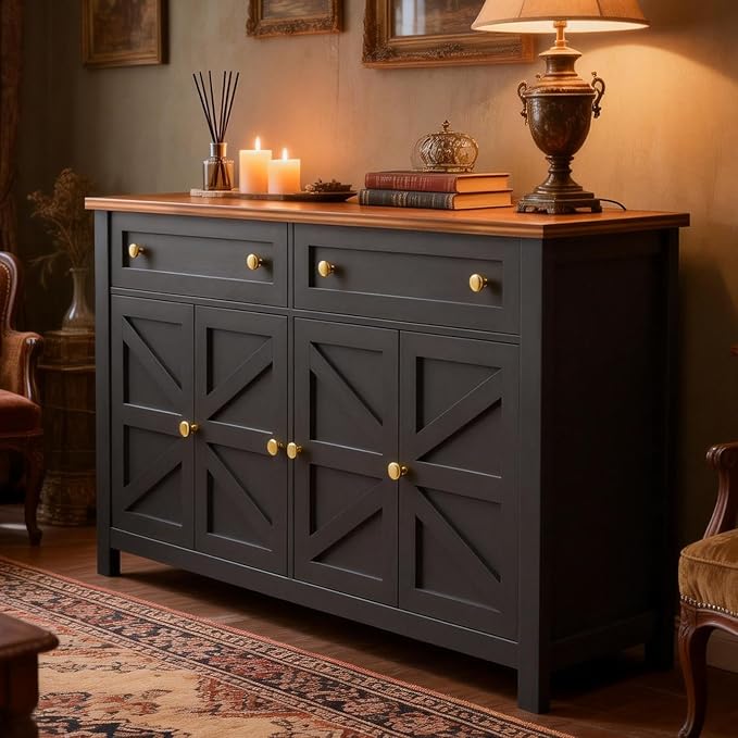 Farmhouse Kitchen Cabinet with Drawers, Rustic Sideboard Buffet Cabinet with Shelves and 4 Doors, Coffee Bar Cabinet, Storage Cabinet for Entryway Living Room Kitchen,Black