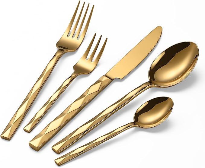 Gold Silverware Set, Luxury 20-Piece Flatware Set for 4, Cutlery Set Stainless Steel, Diamond Cut Pattern, Home, Wedding & Party, 18/10 Stainless Steel Tablewaret & Dishwasher Safe Utensils.