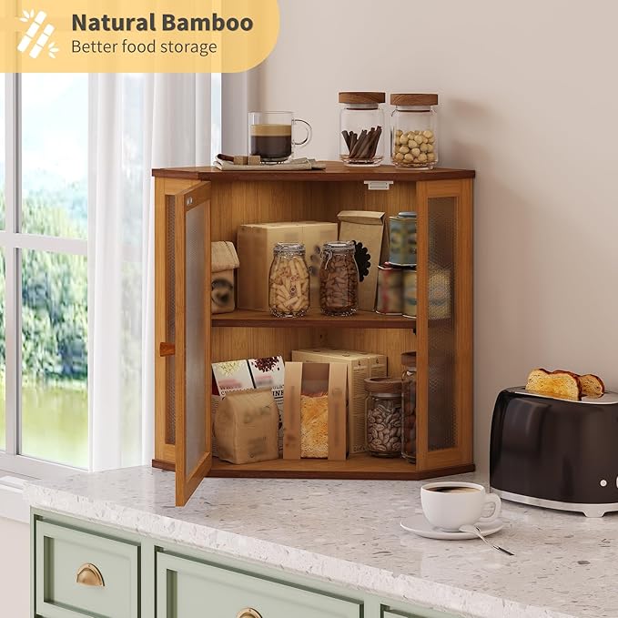 Corner Bread Box for Kitchen Countertop,Bread Storage for Homemade Bread, Double Layer Large Bamboo Kitchen Storage Bin with Window (Brown, Large)