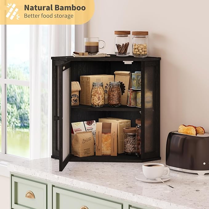 Corner Bread Box for Kitchen Countertop,Bread Storage for Homemade Bread, Double Layer Large Bamboo Kitchen Storage Bin with Window (Black, Large)