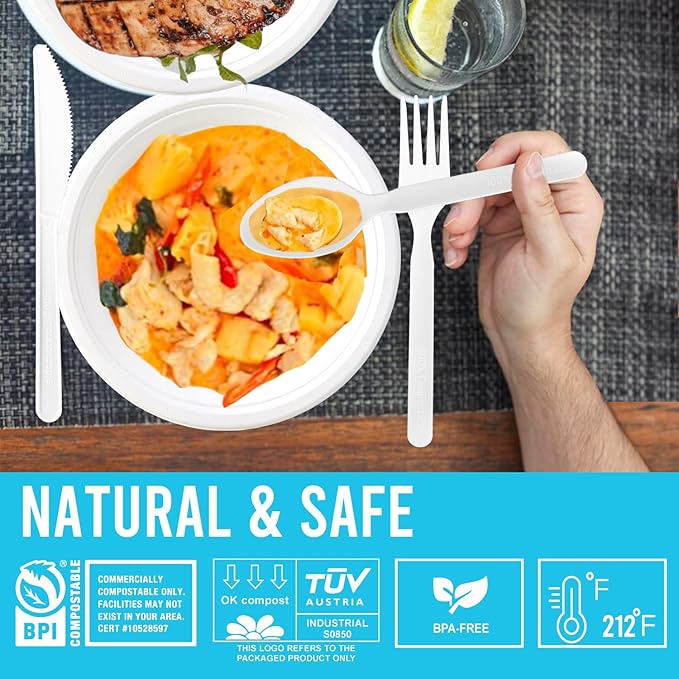 500 Count Compostable Disposable Non Plastic Spoons, Large Heavy Duty Biodegradable Utensils, Eco Friendly Durable Sturdy Recyclable Spoons Flatware Silverware for Party Wedding Daily Use