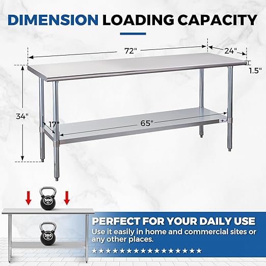 Profeeshaw Stainless Steel Prep Table 72x24 Inch NSF Commercial Work Table with Undershelf Heavy Duty Table for Kitchen Restaurant Home Hotel