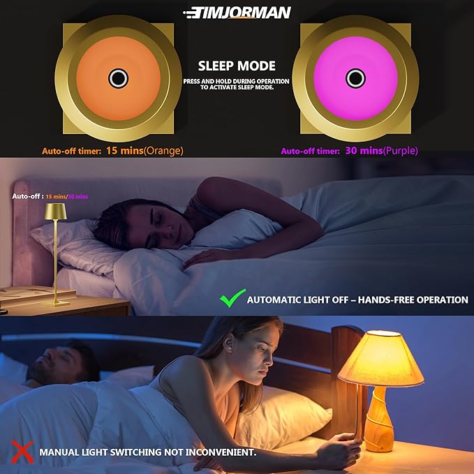 Timjorman Compact Cordless Table Lamp, Rechargeable LED Night Light, Dual Light Source (RGB Top & Warm Bottom), Touch Control & Timer, Metal Lamp for Bedroom & Kids Room (Golden 1-Pack)
