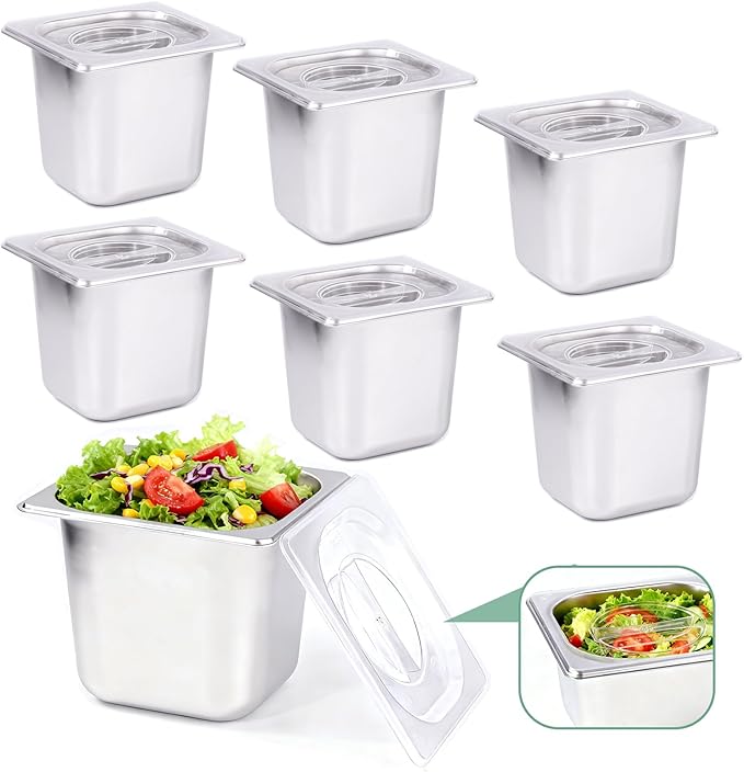 6 Pack Stainless Steam Hotel Pan with Lid, 1/6 Size x 6 Inch Deep Table Steam Pan Restaurant Supplies Reusable Anti Rust Catering Storage for Home, Buffet,Party, Restaurant, Hotel