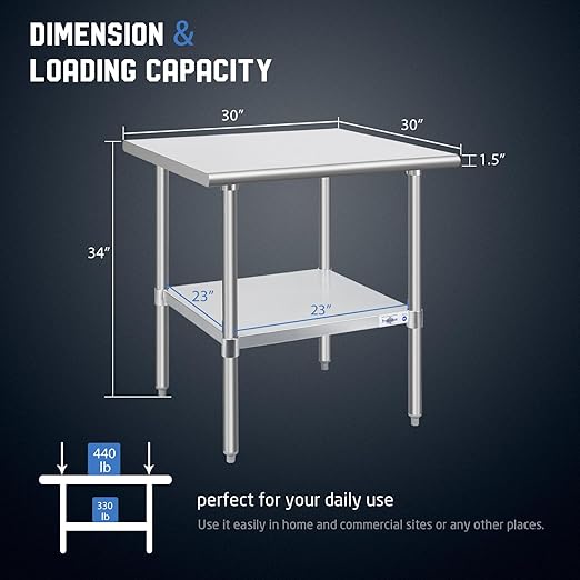 Profeeshaw Stainless Steel Prep Table NSF Commercial Work Table with Undershelf for Kitchen Restaurant 30×30 Inch