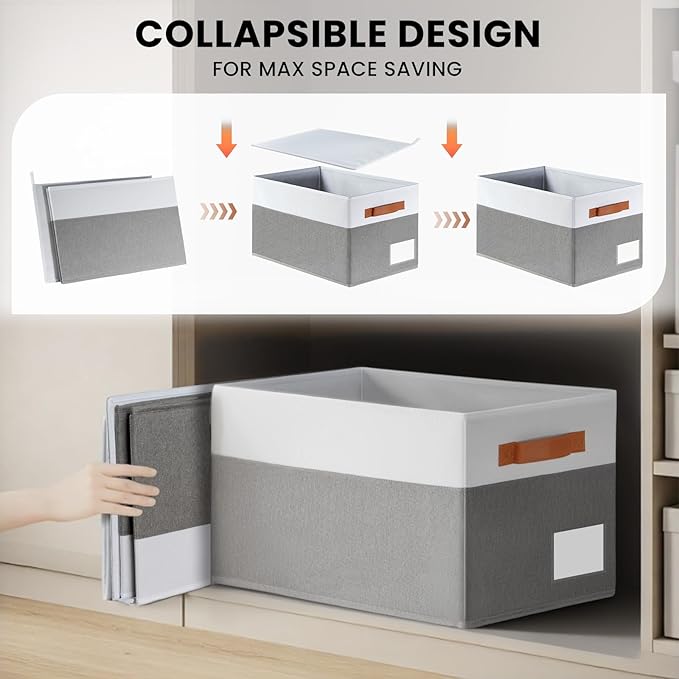 Criusia Large Closet Storage Baskets for organizing 4 Pack, Non-Dust-Absorbing Closet Shelf Organizer Bins with Handles & Labels - Decorative Collapsible Baskets for Living Room Bedroom Nursery Dorm